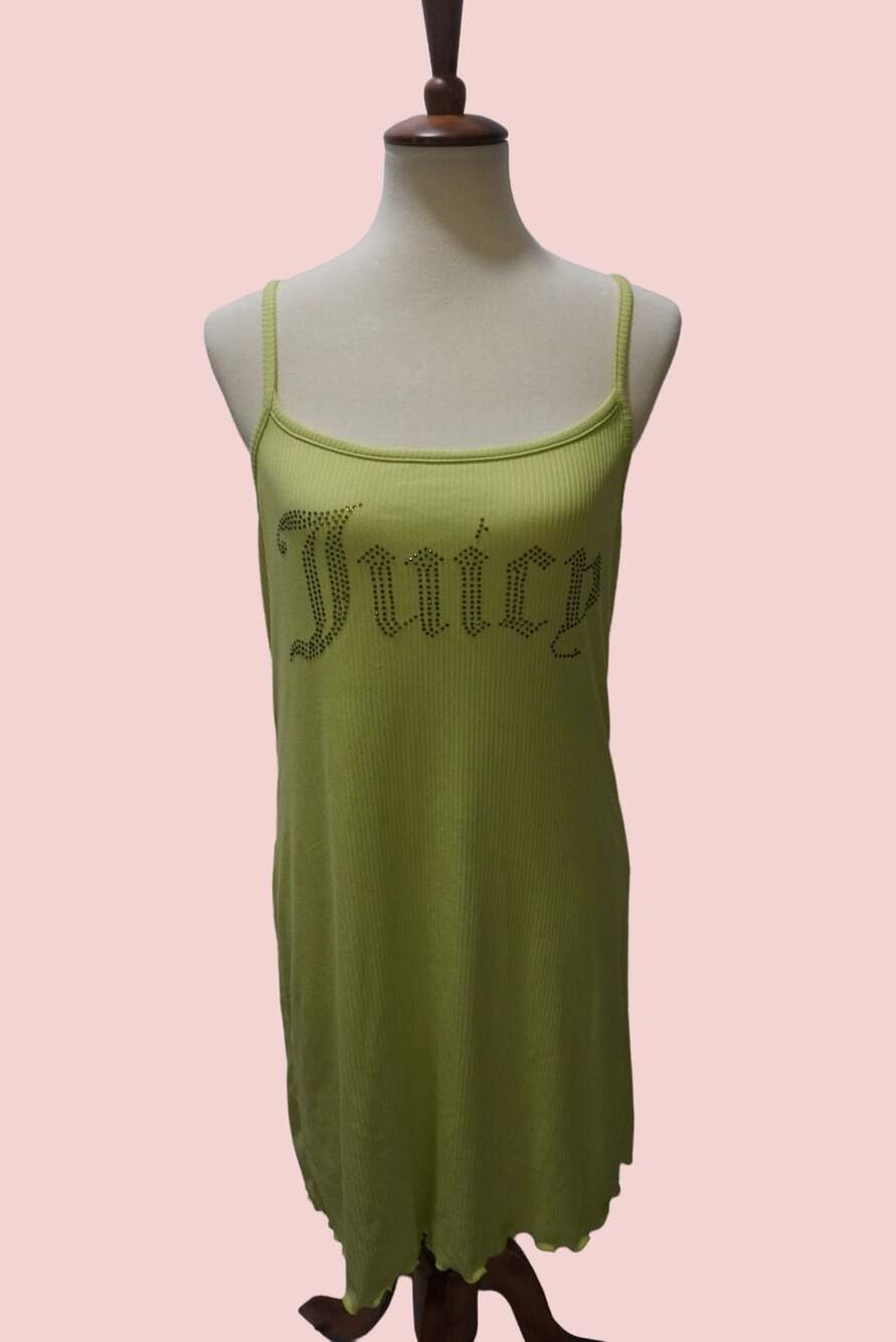 Y2K Juicy Couture Lime Green Ribbed Rhinestone Logo Sleep Dress